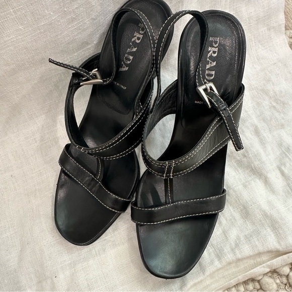 Prada black leather sling back high heels sandals - Picture 5 of 12